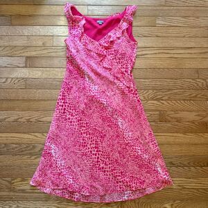 Vintage Ann Taylor Women's Silk Abstract Polkadot Pink Dress Flounce Hem Size 4